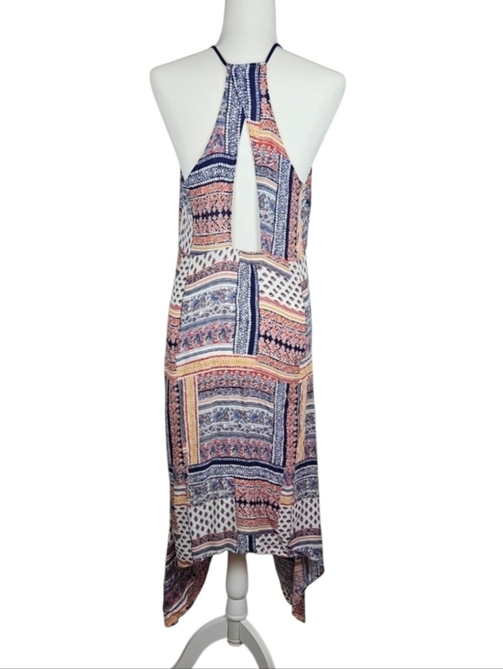 Boho Beach Asymmetrical Dress Navy Blue Orange Multicolor Sundress Bohemian, L - Picture 4 of 8